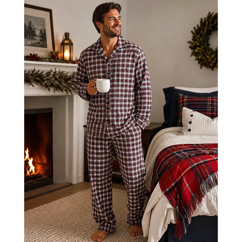 NWT Polo Ralph Lauren Men Pajama Set M Plaid Tartan Cotton Sleepwear Red Green